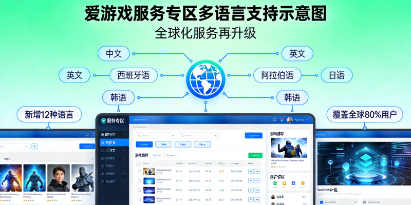 AYX爱游戏服务专区优化后的多语言支持界面示意图，展示多种语言选项