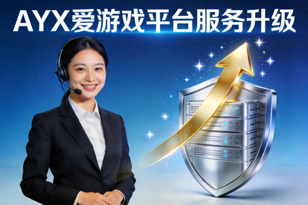 AYX爱游戏平台服务升级主题插图 - 展示客服、服务器盾牌与上升箭头