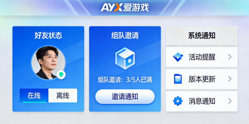AYX爱游戏游戏内便捷社交与通知中心设计 - 展示好友状态、组队邀请与系统通知聚合界面