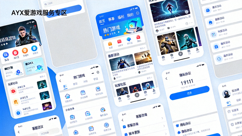 AYX爱游戏服务专区主界面全景截图，展示清晰的模块划分