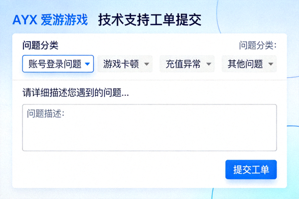 AYX爱游戏技术支持工单提交页面截图，展示问题分类和描述框