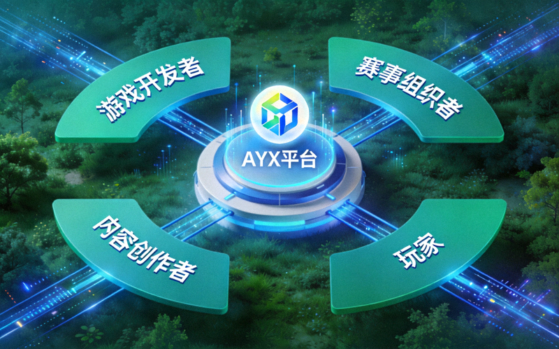 AYX电竞生态合作计划概念图 - 展示游戏开发者、赛事组织者、内容创作者与玩家围绕AYX平台互联的生态系统