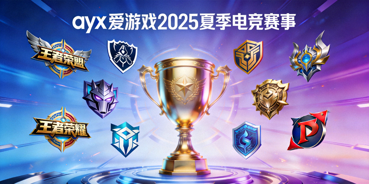 ayx爱游戏2025夏季电竞赛事主视觉图，包含英雄联盟、王者荣耀、DOTA2标志与金色奖杯